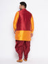Vastramay Men's Plus Size Maroon Zari Weaved Nehru Jacket With Curved Kurta Dhoti set